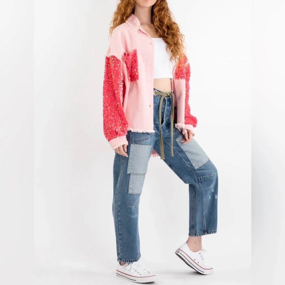 🔥🔥Denim Oversized Contrast Sleeve Shacket With Sequence Pink Size NWT - Picture 2 of 5